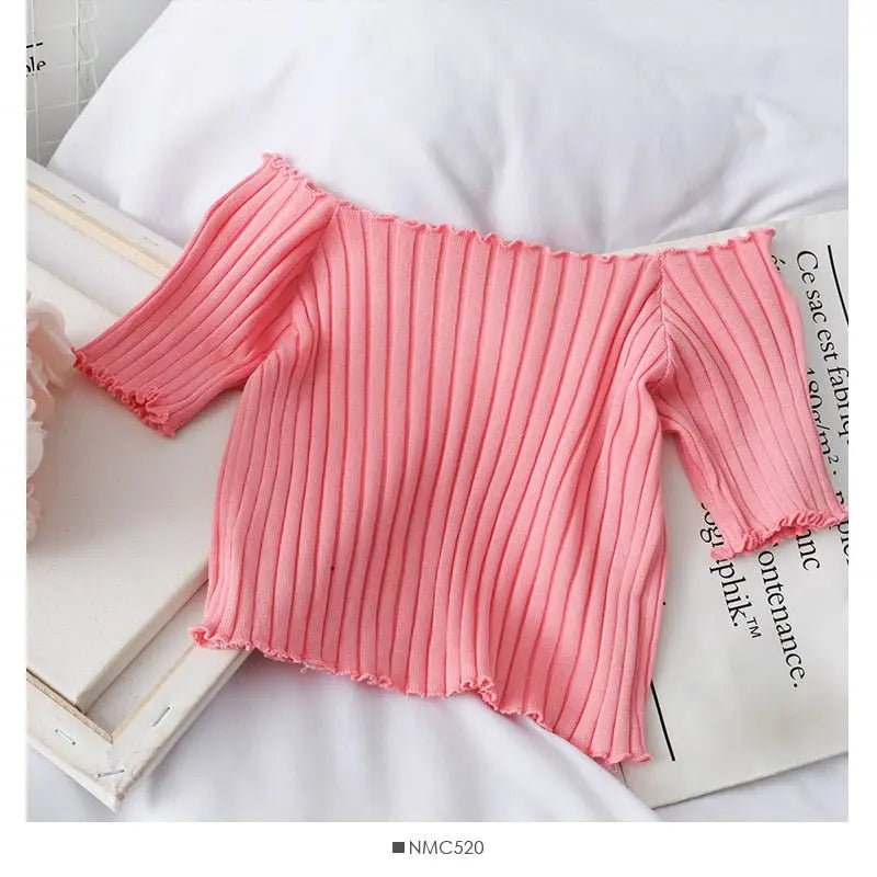 Women Off Shoulder T-shirts Knitted Ruffles Hem Crop Tops Short Sleeve T-shirts - Blade & Thread