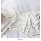 Women Off Shoulder T-shirts Knitted Ruffles Hem Crop Tops Short Sleeve T-shirts nowadaysfashion