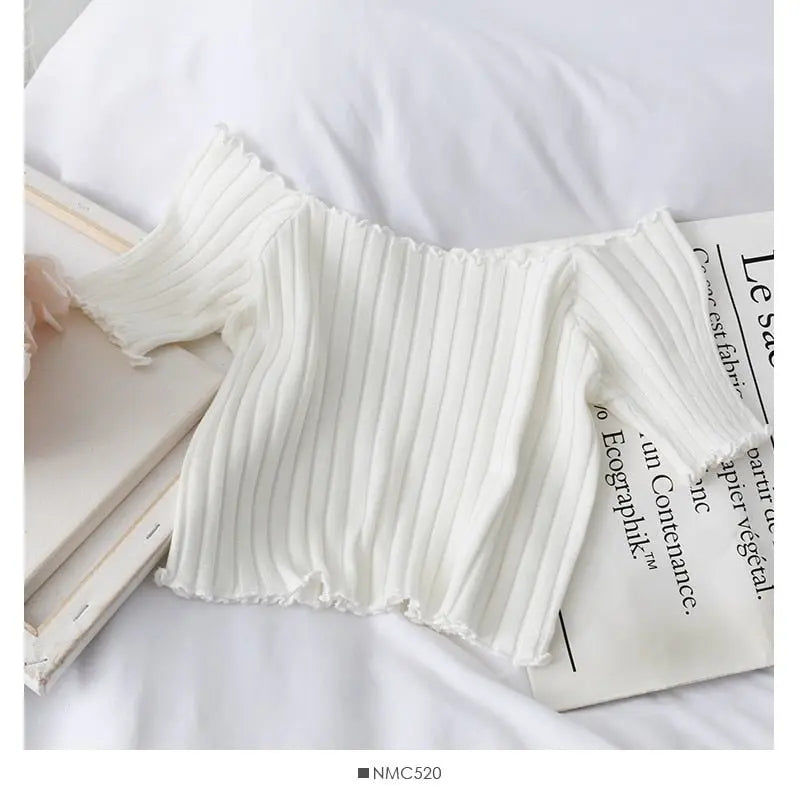 Women Off Shoulder T-shirts Knitted Ruffles Hem Crop Tops Short Sleeve T-shirts nowadaysfashion