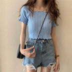 Women Off Shoulder T-shirts Knitted Ruffles Hem Crop Tops Short Sleeve T-shirts nowadaysfashion
