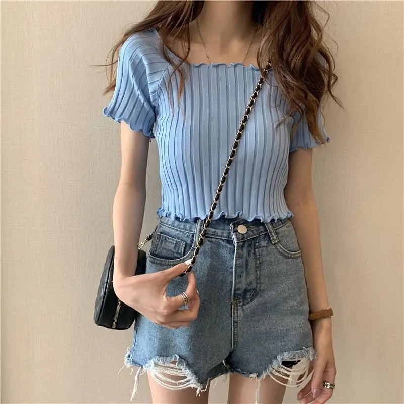 Women Off Shoulder T-shirts Knitted Ruffles Hem Crop Tops Short Sleeve T-shirts - Blade & Thread