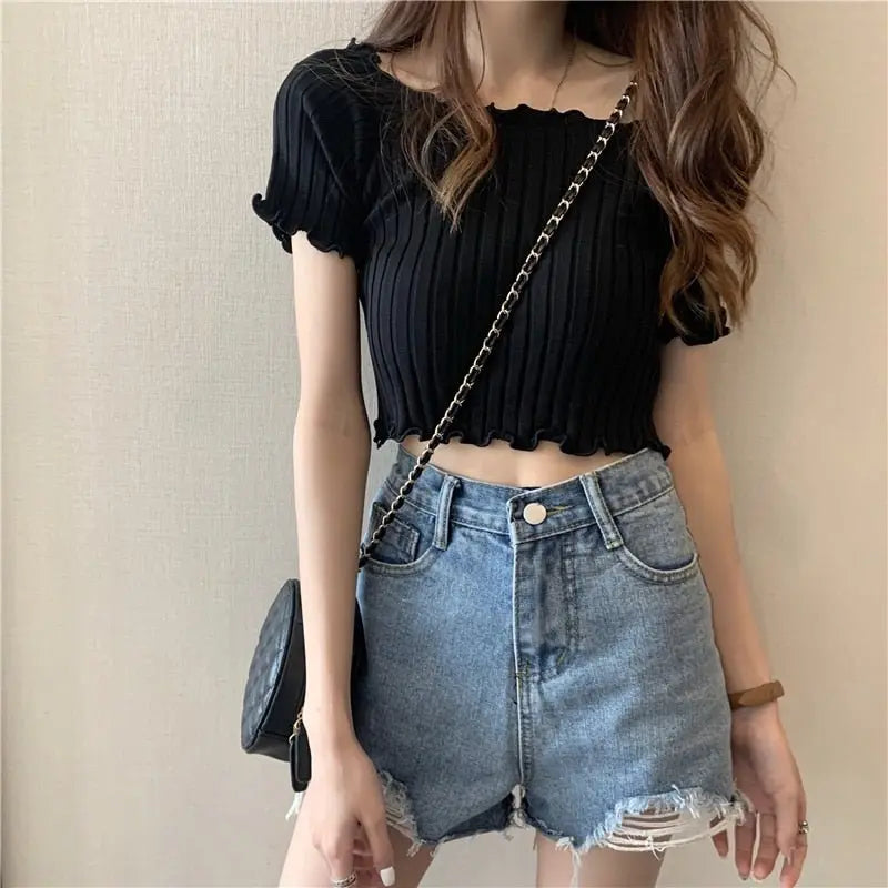 Women Off Shoulder T-shirts Knitted Ruffles Hem Crop Tops Short Sleeve T-shirts nowadaysfashion