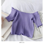 Women Off Shoulder T-shirts Knitted Ruffles Hem Crop Tops Short Sleeve T-shirts nowadaysfashion