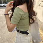 Women Off Shoulder T-shirts Knitted Ruffles Hem Crop Tops Short Sleeve T-shirts nowadaysfashion
