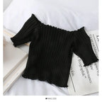 Women Off Shoulder T-shirts Knitted Ruffles Hem Crop Tops Short Sleeve T-shirts nowadaysfashion