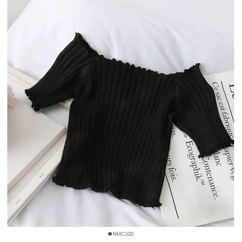 Women Off Shoulder T-shirts Knitted Ruffles Hem Crop Tops Short Sleeve T-shirts - Blade & Thread