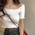 Women Off Shoulder T-shirts Knitted Ruffles Hem Crop Tops Short Sleeve T-shirts nowadaysfashion