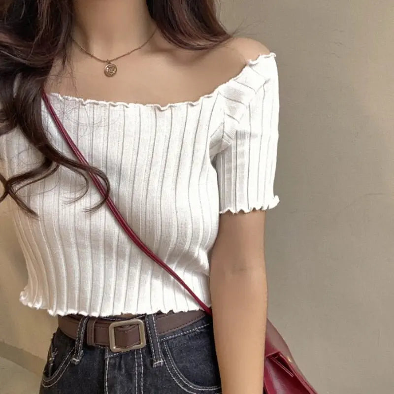 Women Off Shoulder T-shirts Knitted Ruffles Hem Crop Tops Short Sleeve T-shirts - Blade & Thread
