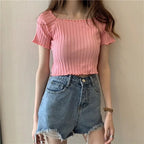 Women Off Shoulder T-shirts Knitted Ruffles Hem Crop Tops Short Sleeve T-shirts nowadaysfashion