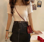 Women Off Shoulder T-shirts Knitted Ruffles Hem Crop Tops Short Sleeve T-shirts nowadaysfashion