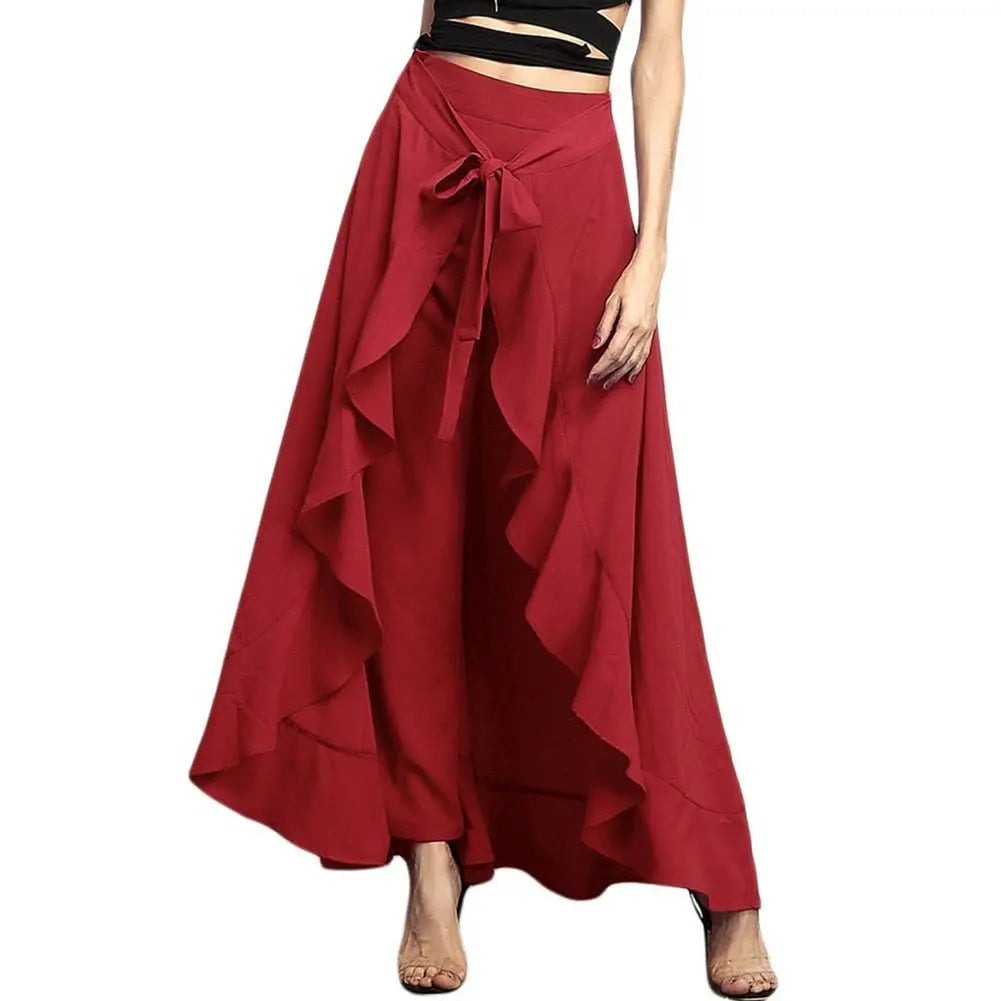 Women Pants Causal Ruffle Drawstring TrouserHigh Waist Loose Dancing Outfits Palazzo Skirt - Blade & Thread