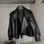 Women Pu Motorcycle Biker Faux Leather Jacket Turndown Collar Loose Punk Outerwear nowadaysfashion