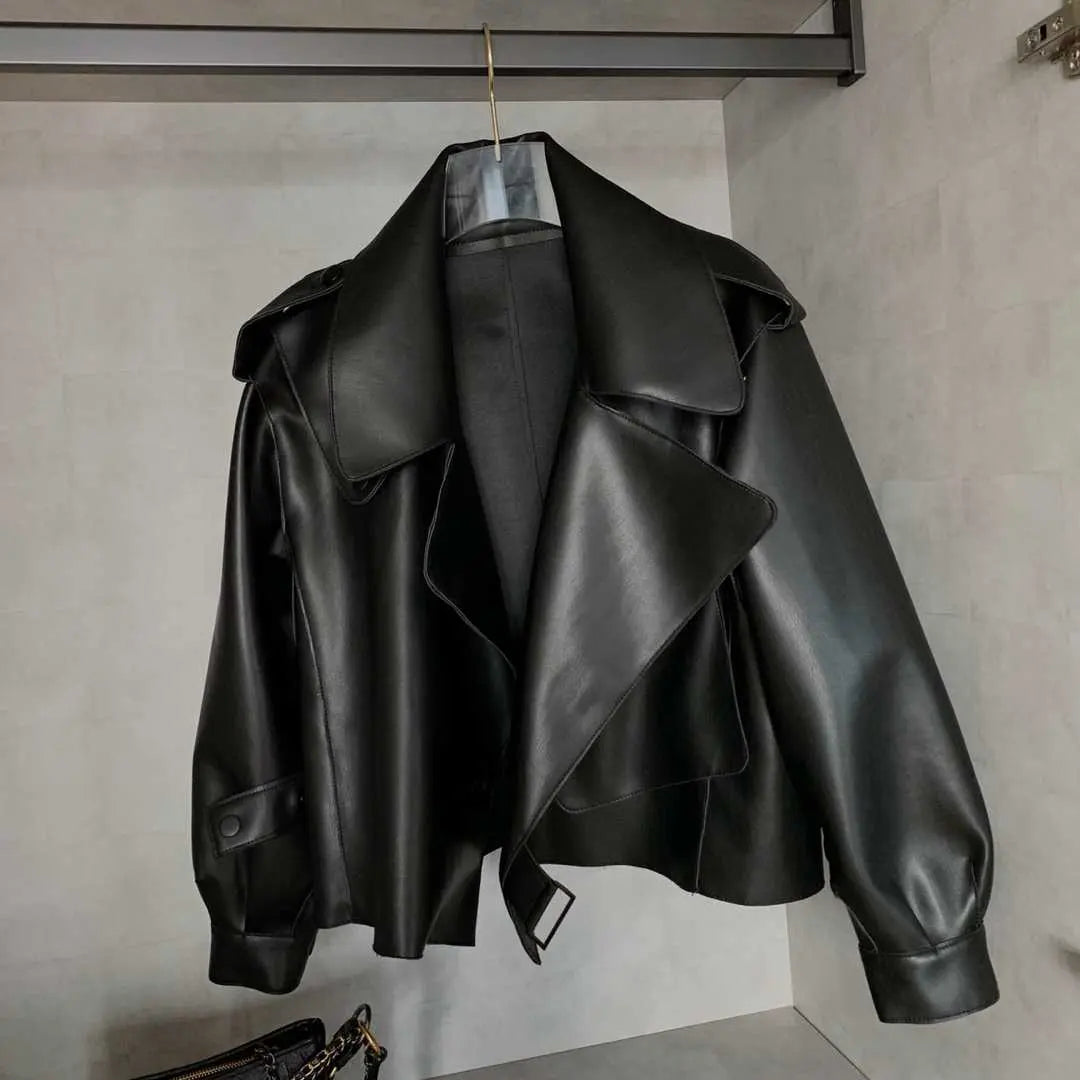 Women Pu Motorcycle Biker Faux Leather Jacket Turndown Collar Loose Punk Outerwear - Blade & Thread