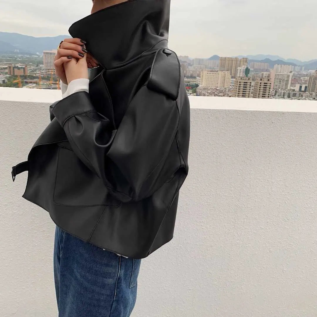 Women Pu Motorcycle Biker Faux Leather Jacket Turndown Collar Loose Punk Outerwear - Blade & Thread