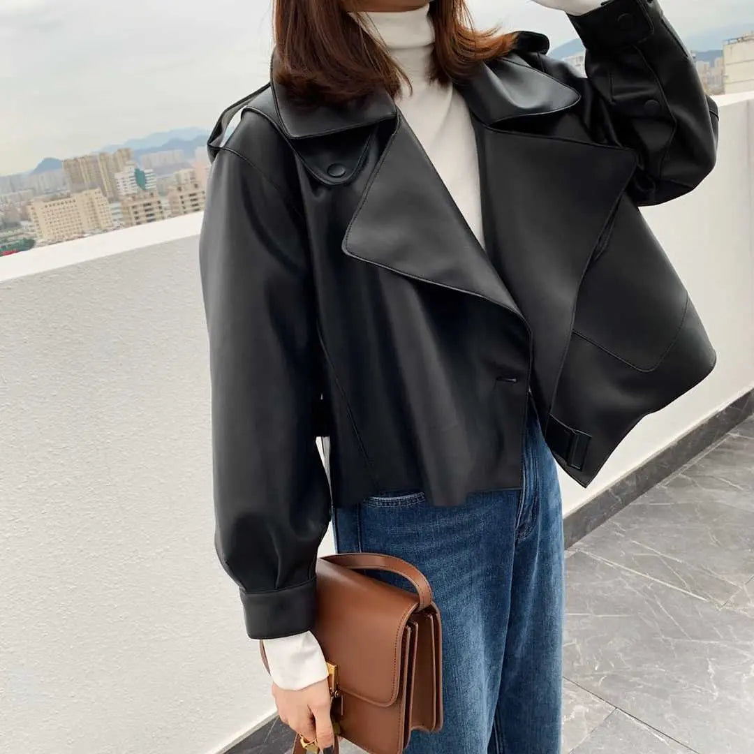 Women Pu Motorcycle Biker Faux Leather Jacket Turndown Collar Loose Punk Outerwear - Blade & Thread