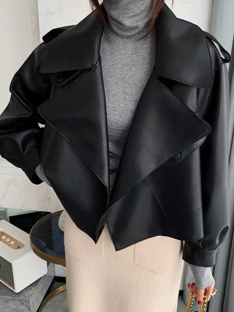 Women Pu Motorcycle Biker Faux Leather Jacket Turndown Collar Loose Punk Outerwear nowadaysfashion