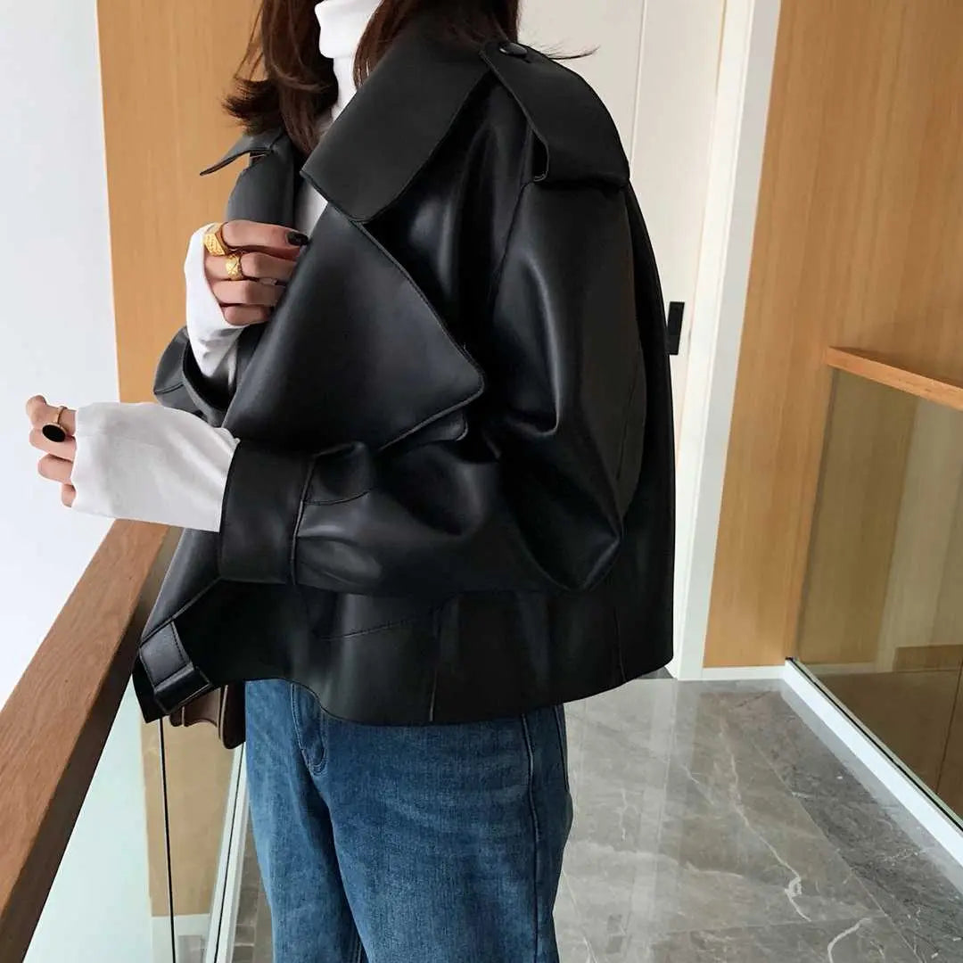 Women Pu Motorcycle Biker Faux Leather Jacket Turndown Collar Loose Punk Outerwear - Blade & Thread