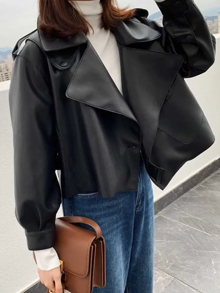 Women Pu Motorcycle Biker Faux Leather Jacket Turndown Collar Loose Punk Outerwear - Blade & Thread