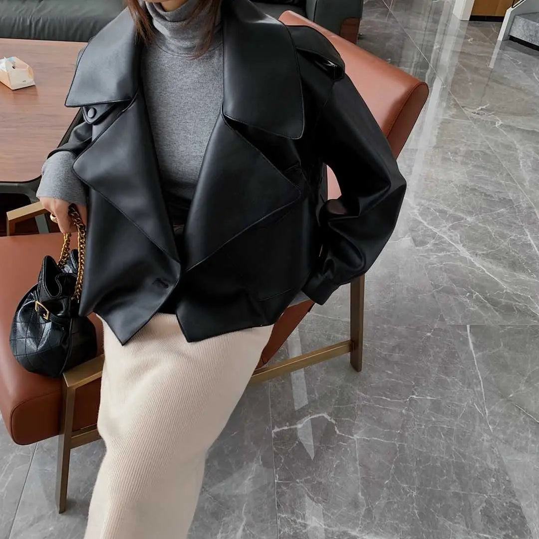 Women Pu Motorcycle Biker Faux Leather Jacket Turndown Collar Loose Punk Outerwear - Blade & Thread