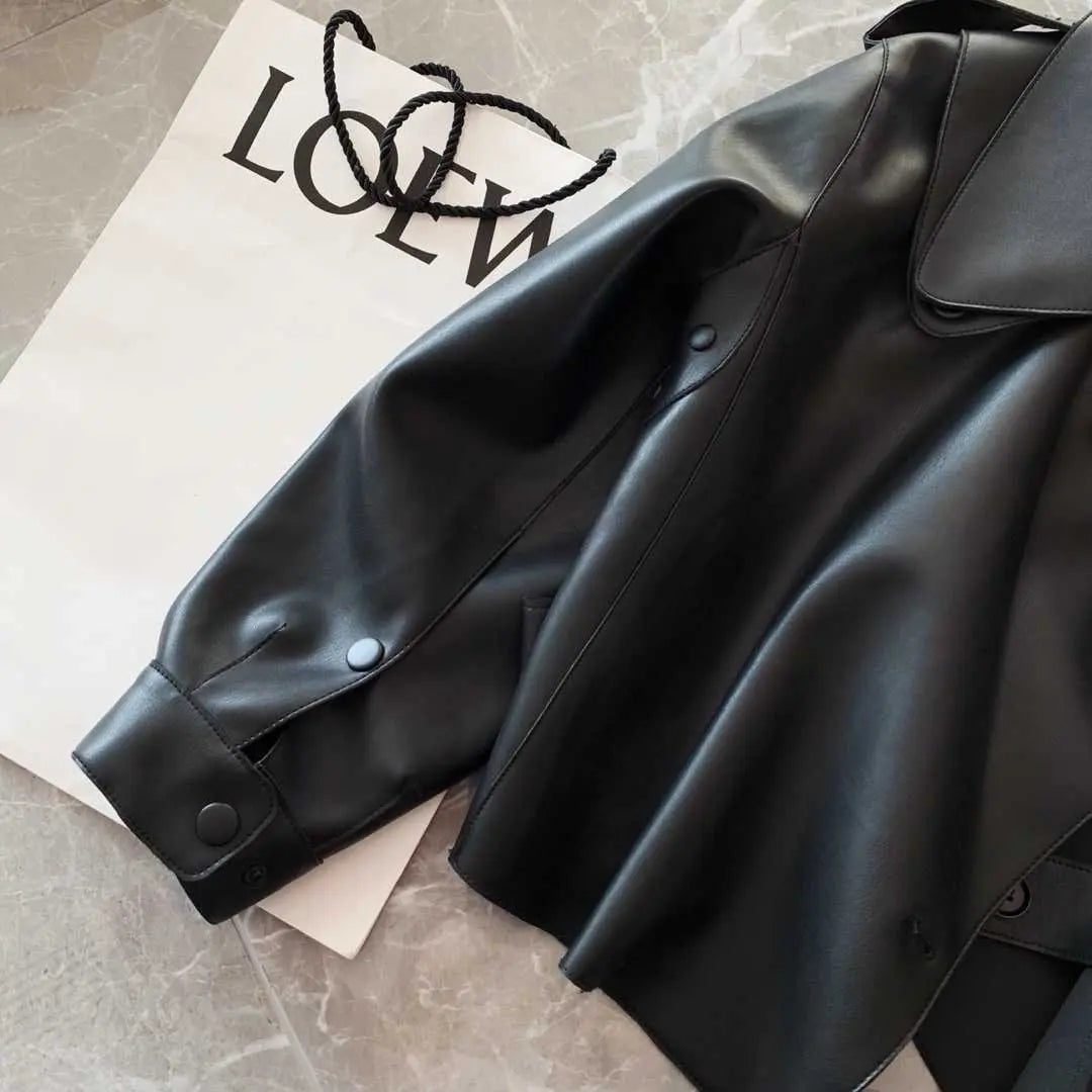 Women Pu Motorcycle Biker Faux Leather Jacket Turndown Collar Loose Punk Outerwear - Blade & Thread