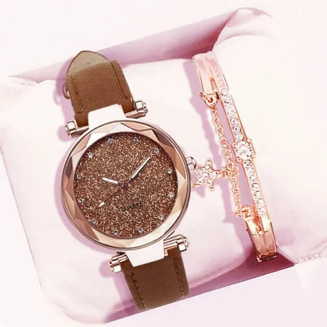 Women Romantic Wrist Watch bracelet Leather Rhinestone Ladies Clock - Blade & Thread