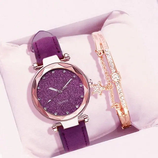 Women Romantic Wrist Watch bracelet Leather Rhinestone Ladies Clock - Blade & Thread