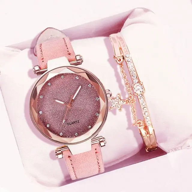 Women Romantic Wrist Watch bracelet Leather Rhinestone Ladies Clock - Blade & Thread