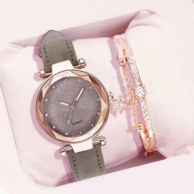 Women Romantic Wrist Watch bracelet Leather Rhinestone Ladies Clock - Blade & Thread
