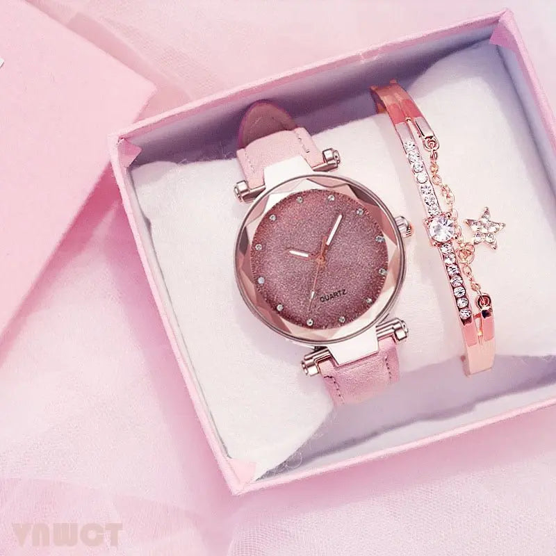 Women Romantic Wrist Watch bracelet Leather Rhinestone Ladies Clock - Blade & Thread