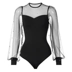 Women Rompers Long Sleeve Lace Mesh Spliced Crew Neck Bodysuit Leotard Beading Slim Jumpsuits nowadaysfashion