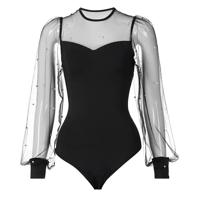 Women Rompers Long Sleeve Lace Mesh Spliced Crew Neck Bodysuit Leotard Beading Slim Jumpsuits nowadaysfashion