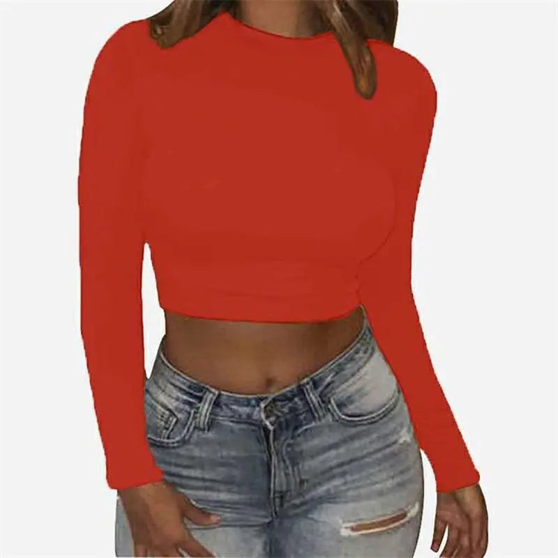 Women Sexy Bodycon T Shirt Long Sleeve O-neck Crop Top Modis Sheath T Shirt - Blade & Thread