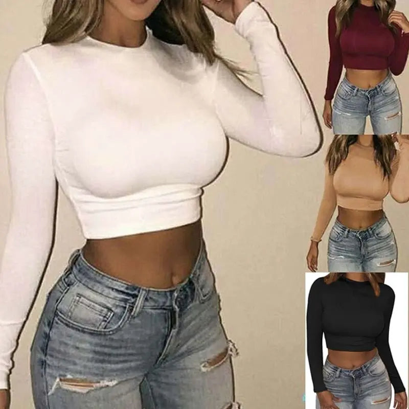 Women Sexy Bodycon T Shirt Long Sleeve O-neck Crop Top Modis Sheath T Shirt nowadaysfashion