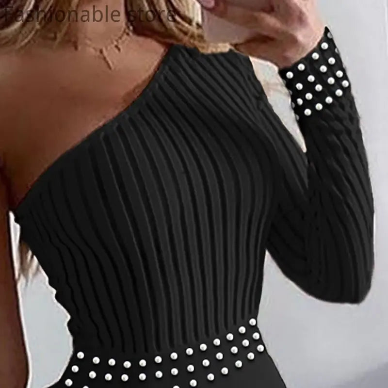 Women Single Shoulder Long Sleeve Beads Design Solid Color Jumpsuit - Blade & Thread