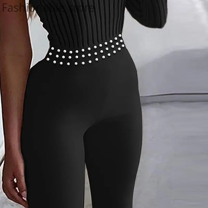 Women Single Shoulder Long Sleeve Beads Design Solid Color Jumpsuit nowadaysfashion