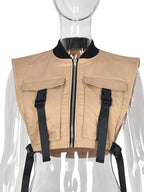 Women Sleeveless Pockets Buckle Zipper Sexy Cropped Jacket Vest Top 2022 Spring Harajuku Party nowadaysfashion