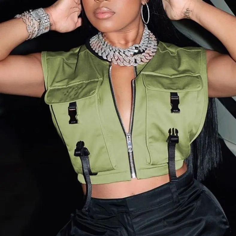 Women Sleeveless Pockets Buckle Zipper Sexy Cropped Jacket Vest Top 2022 Spring Harajuku Party - Blade & Thread