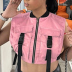 Women Sleeveless Pockets Buckle Zipper Sexy Cropped Jacket Vest Top 2022 Spring Harajuku Party nowadaysfashion