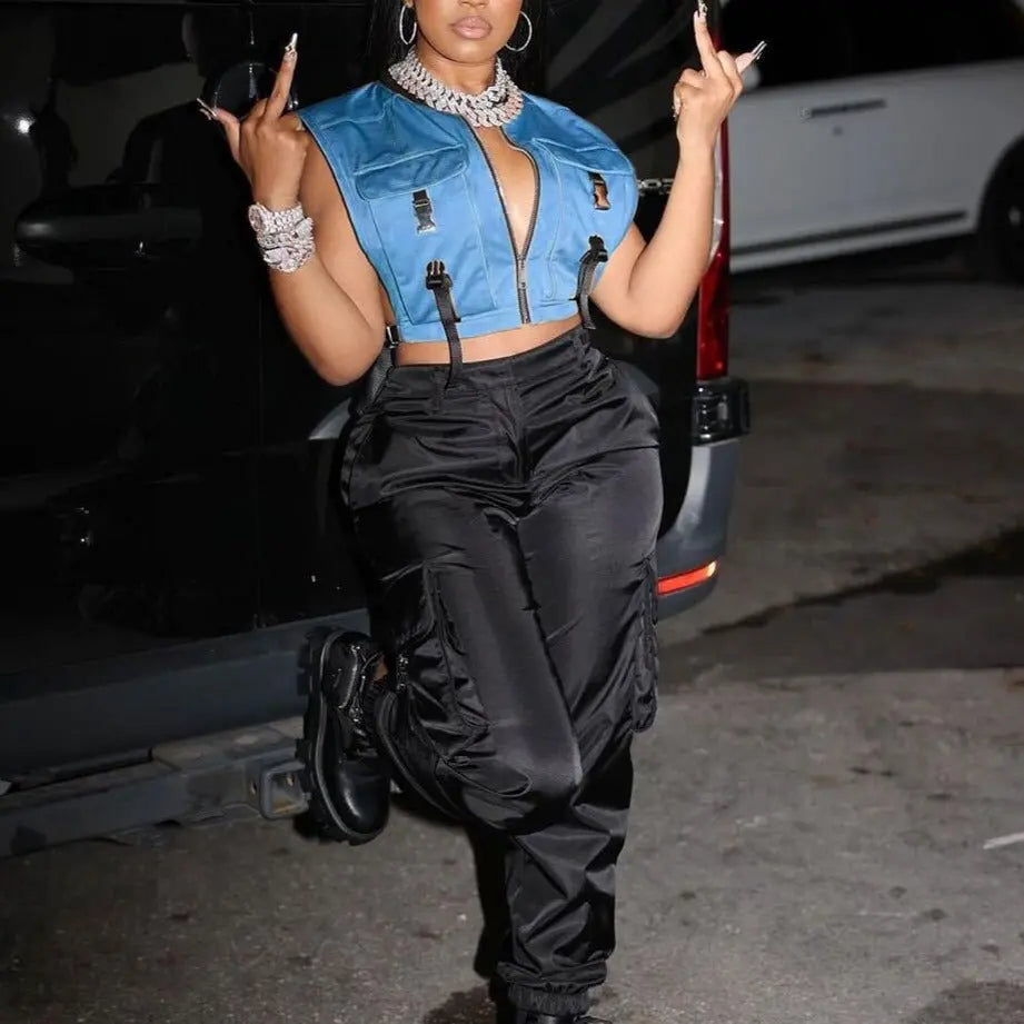 Women Sleeveless Pockets Buckle Zipper Sexy Cropped Jacket Vest Top 2022 Spring Harajuku Party - Blade & Thread