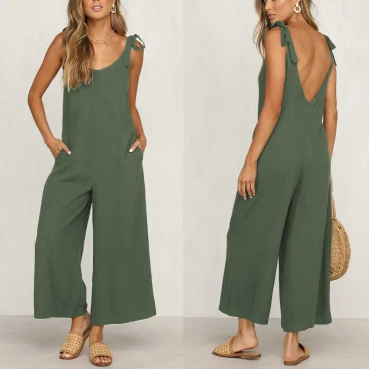 Women Sleeveless Rompers Loose Jumpsuit O Neck Casual Backless Overalls Trousers Wide Leg Pants - Blade & Thread
