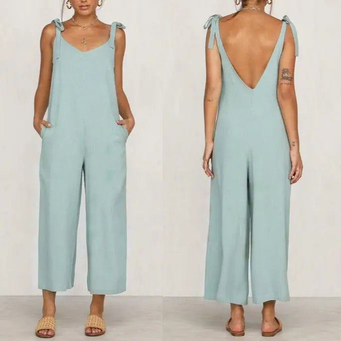Women Sleeveless Rompers Loose Jumpsuit O Neck Casual Backless Overalls Trousers Wide Leg Pants nowadaysfashion