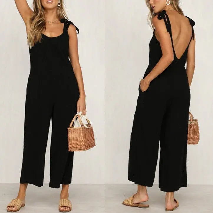 Women Sleeveless Rompers Loose Jumpsuit O Neck Casual Backless Overalls Trousers Wide Leg Pants - Blade & Thread