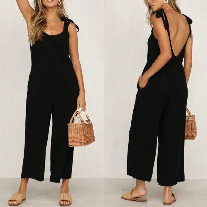Women Sleeveless Rompers Loose Jumpsuit O Neck Casual Backless Overalls Trousers Wide Leg Pants nowadaysfashion