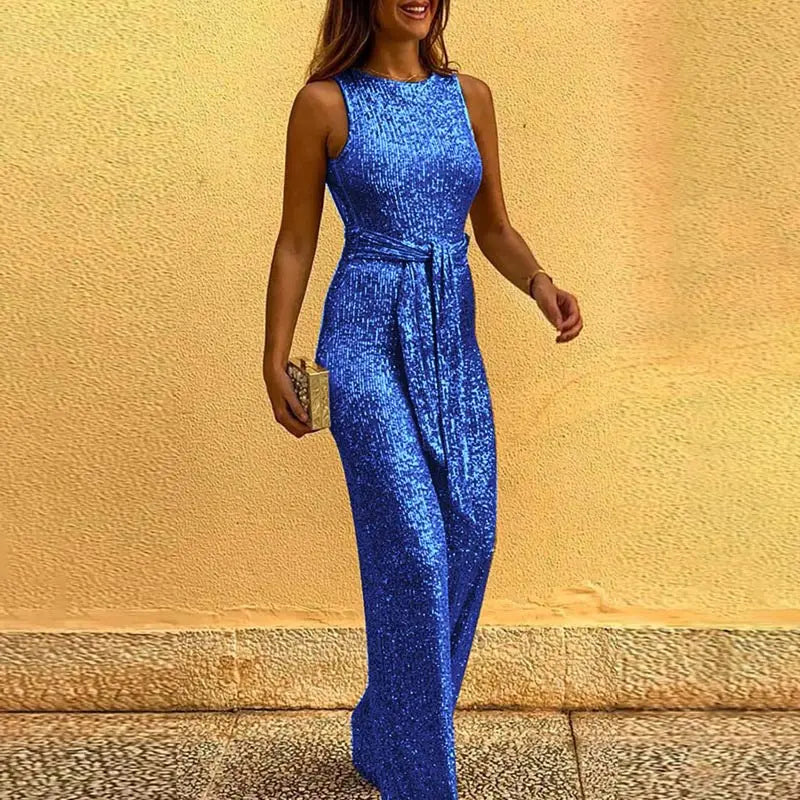 Women Sleeveless Sequin Glitter Shiny Jumpsuit Trousers Sexy Slim Fit Backless Romper - Blade & Thread