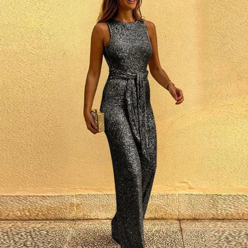 Women Sleeveless Sequin Glitter Shiny Jumpsuit Trousers Sexy Slim Fit Backless Romper - Blade & Thread
