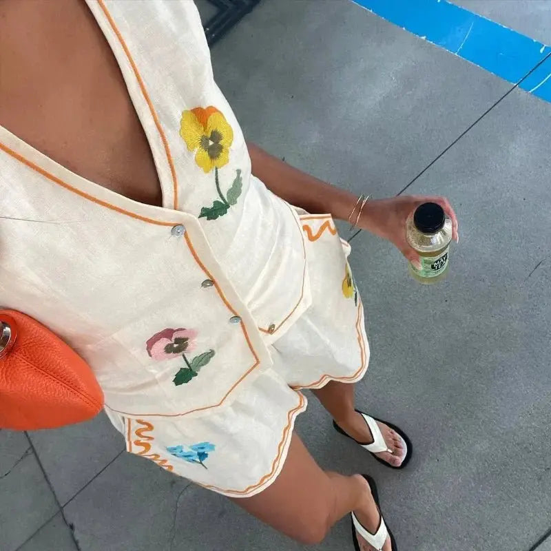 Women Sleeveless Vest Shorts 2 Pieces Set Fashion V Neck Single Breasted Vest nowadaysfashion