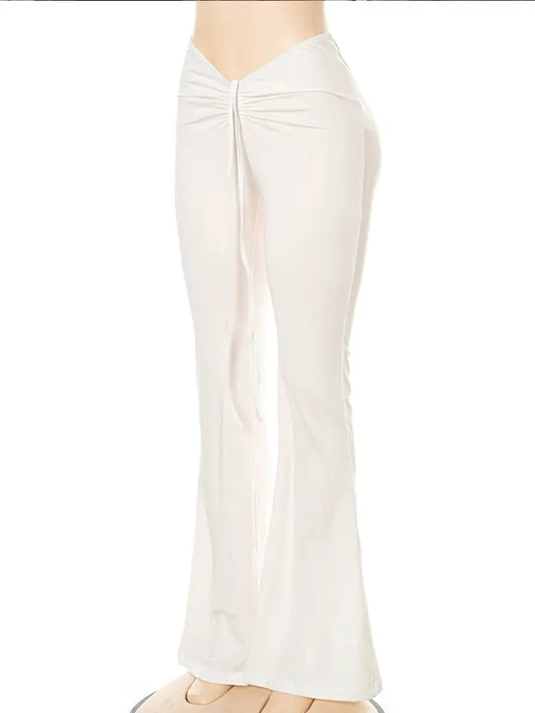Women Slim Flare Pants Low Waist Drawstring Ruched Wide Leg White Trousers Joggers Sweatpants - Blade & Thread