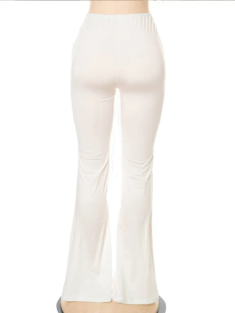 Women Slim Flare Pants Low Waist Drawstring Ruched Wide Leg White Trousers Joggers Sweatpants nowadaysfashion