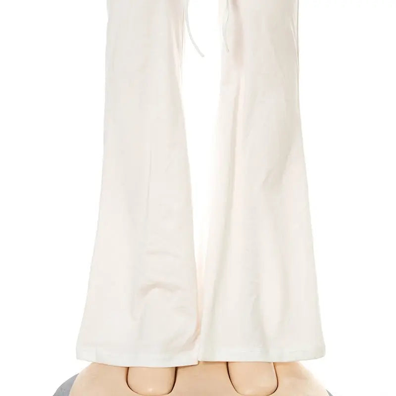Women Slim Flare Pants Low Waist Drawstring Ruched Wide Leg White Trousers Joggers Sweatpants - Blade & Thread