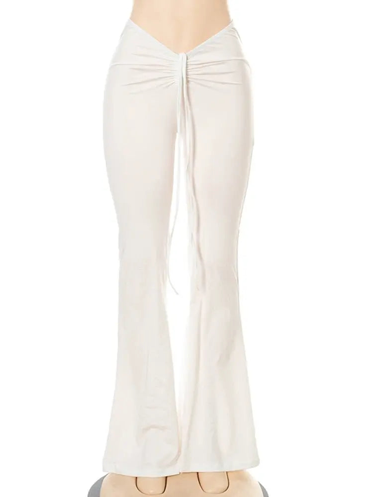 Women Slim Flare Pants Low Waist Drawstring Ruched Wide Leg White Trousers Joggers Sweatpants - Blade & Thread